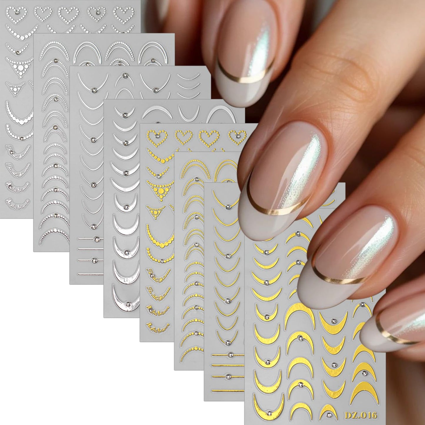 8PCS Line Nail Art Sticker Gold Silver Foil Nail Stickers Nail Art Supplies 3D Metallic Curve Stripe Wave Lines Nail Decals French Nail Design with Rhinestone Accessories Striping Tape Wavy Nail Decor