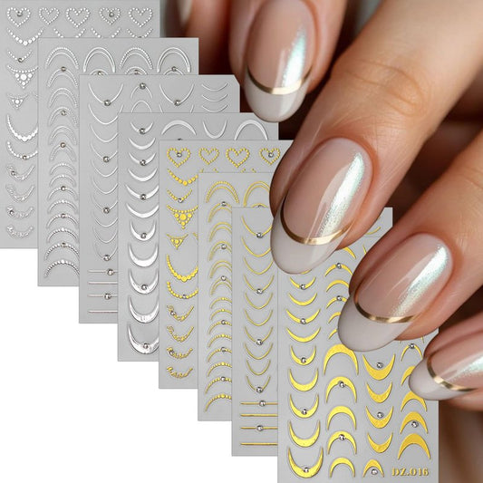 8PCS Line Nail Art Sticker Gold Silver Foil Nail Stickers Nail Art Supplies 3D Metallic Curve Stripe Wave Lines Nail Decals French Nail Design with Rhinestone Accessories Striping Tape Wavy Nail Decor