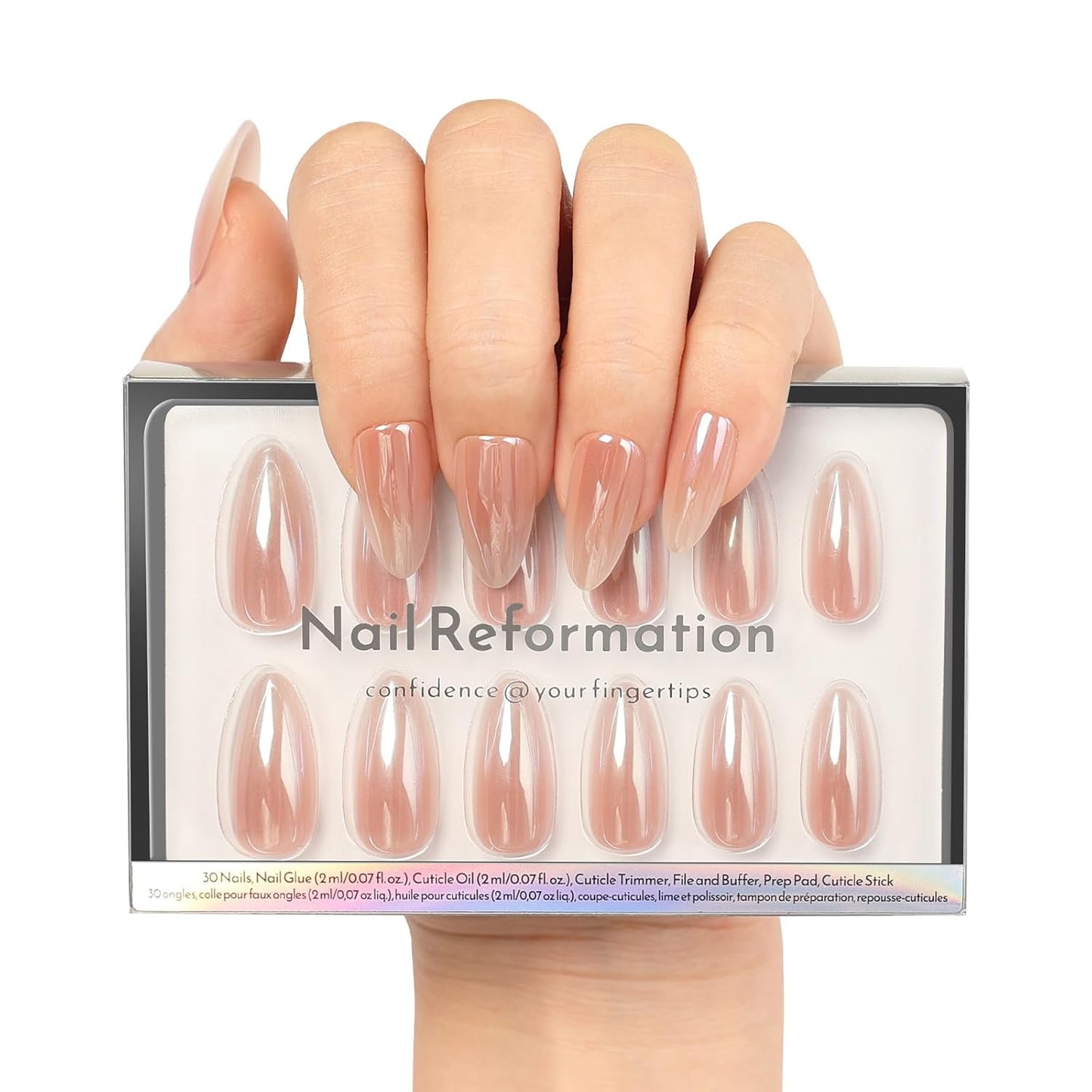 Almond Press On Nails - Rose Gold Glazed Finish | Natural & Reusable, 30 Nail Tips with Glue, 15 Sizes