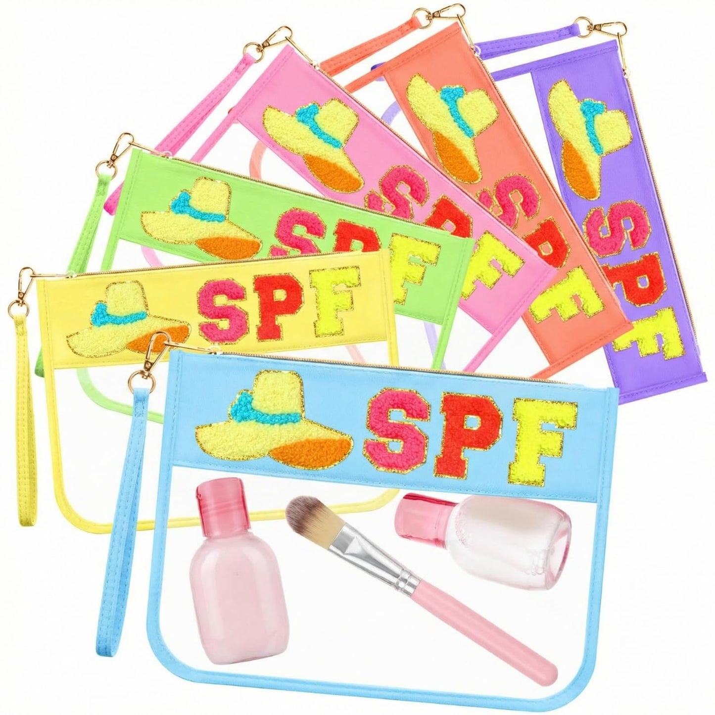 Kacctyen 6 Pcs Spf Bags Chenille Letter Clear Makeup Bag with Zipper Nylon Sunscreen Cosmetic Travel Pouch Transparent Toiletry Storager Gym Beach Bag with Handle for Women Girls(Multicolor, Spf)