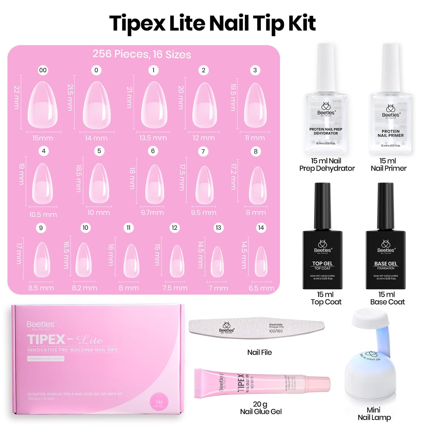 Beetles Tipex Lite Kit with Nail Prep Dehydrator & Primer, Short Almond, 256PCS 16 Sizes, Mini UV Lamp, 20g Solid Glue, Base & Top Coat, All-in-one DIY Starter Kit