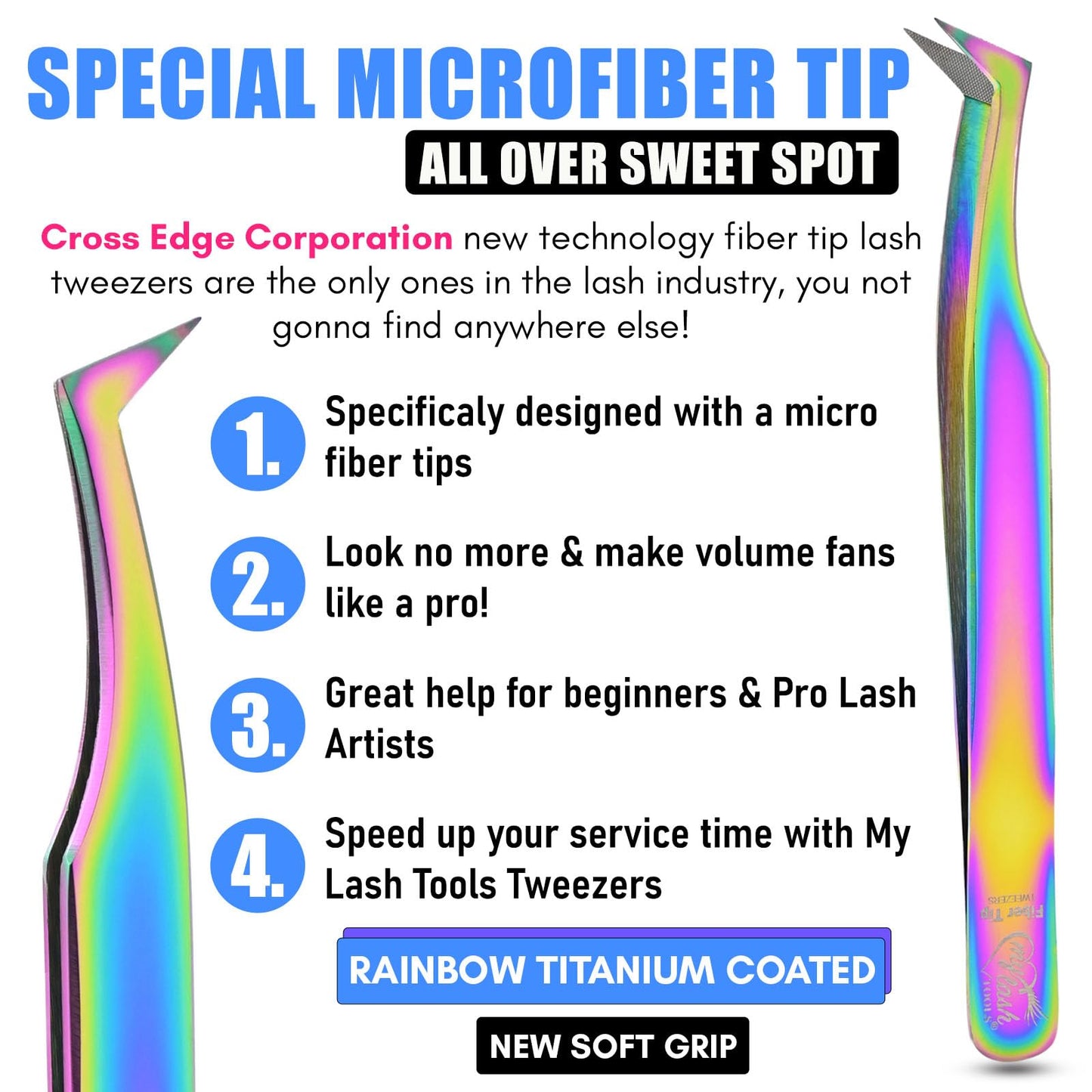 Fiber Tip Lash Tweezer Axe Tip – Mega Volume Boot Tweezer for Eyelash Extensions, Precision Stainless Steel, Non Slip Grip, Lash Tool for Volume Fans, Classic & Mega Volume Lashes (Rainbow)