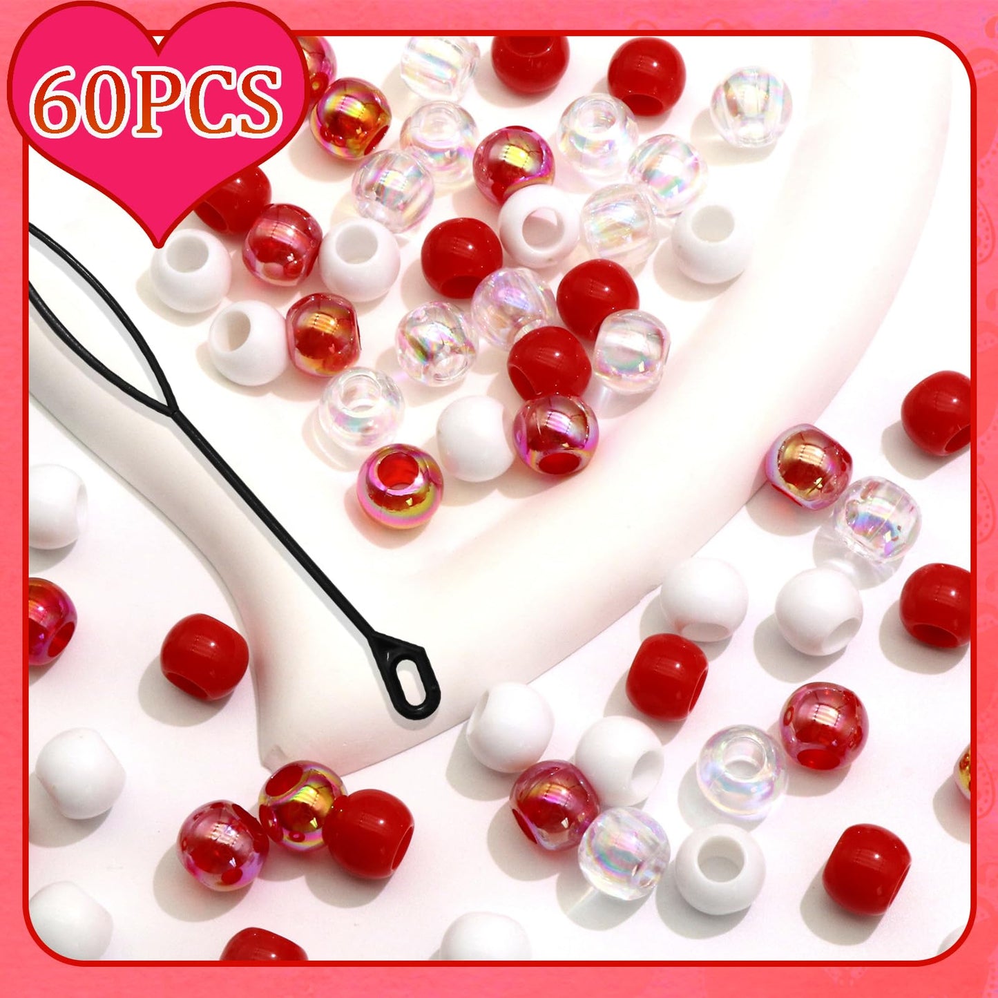 NAISKA 60PCS Valentines Red Hair Beads for Braids AB Color Round Beads for Hair Acrylic Dreadlock Bead Cute Pony Braids Beads Jewelry Valentine's Day Loc Hair Accessories