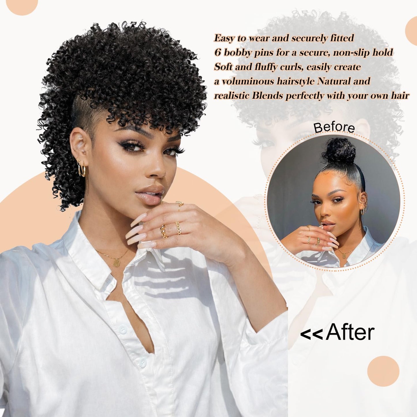 Kinky Curly Mohawk Wig - Short Grey Ponytail with Bangs | Fluffy Synthetic Clip-On Hair 1B/Grey