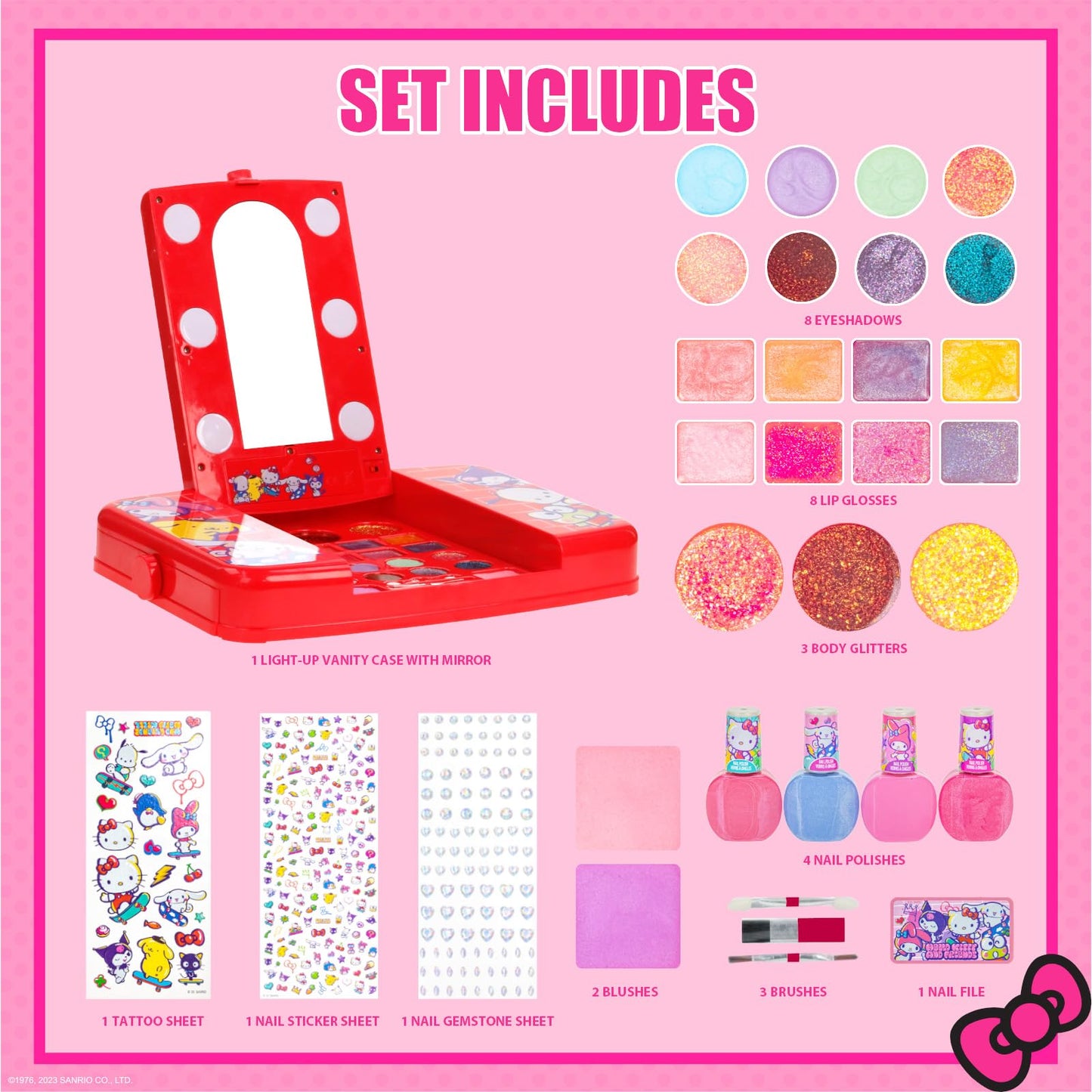 Hello Kitty and Friends Makeup Set for Kids, Beauty Vanity Set with Light-Up Mirror, Includes Lip Gloss, Eye Shadow, Brushes, Nail Polish, Accessories, and More! Gift for Ages 6+ by Townley Girl