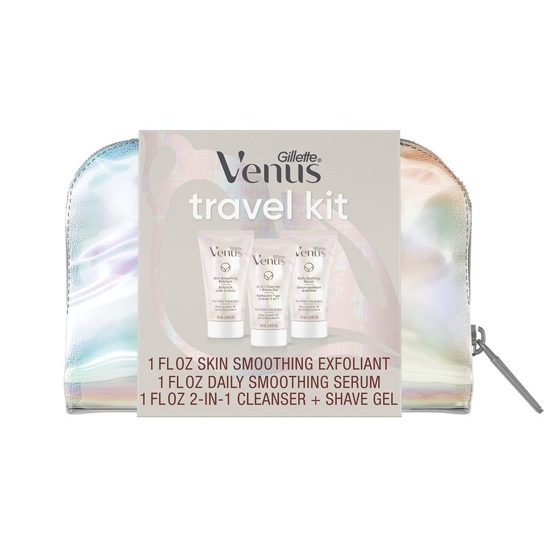 Gillette Venus for Pubic Hair & Skin Travel Gift Set, Includes 1oz Smoothing Exfoliator, 2-in-1 Cleanser, Soothing Serum and Travel Bag