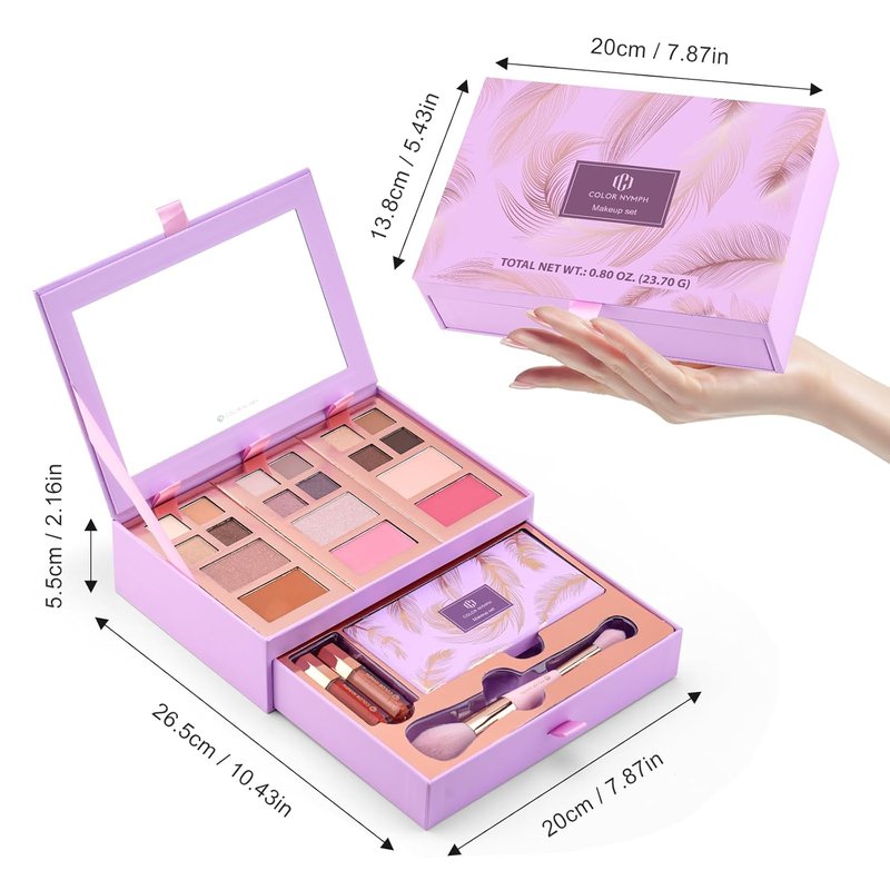 Small Makeup Palette Set - 12 Colors Eyeshadow, Blush, Highlighter & Lip Gloss | Travel-Friendly Cosmetics Gift for Women & Girls - Purple