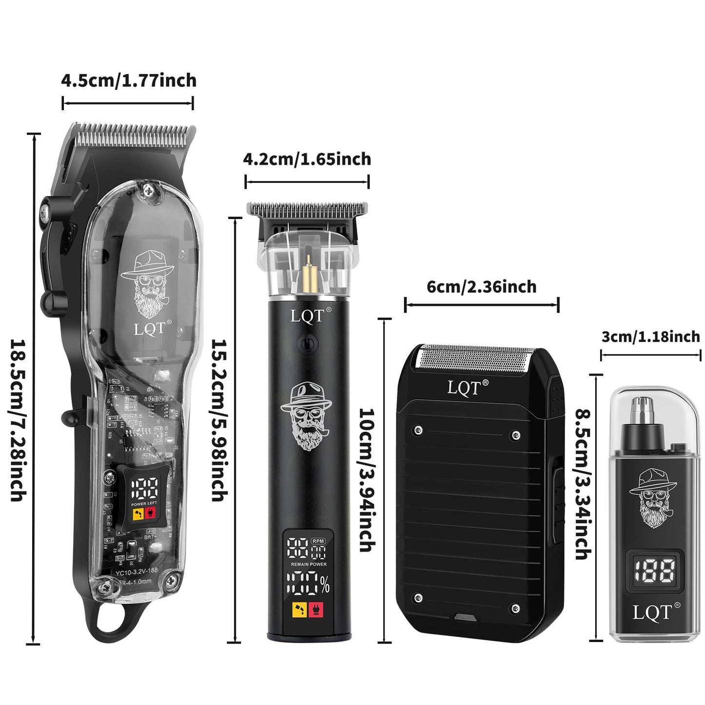 LQT Professional Barber Kit for Men,Cordless Hair Clipper, Beard Trimmer, Foil Shaver,Nose Hair Trimmer Set, Transparent Design, LED Display,Home Grooming Tools,Gifts for Men, Father's Day & Holidays