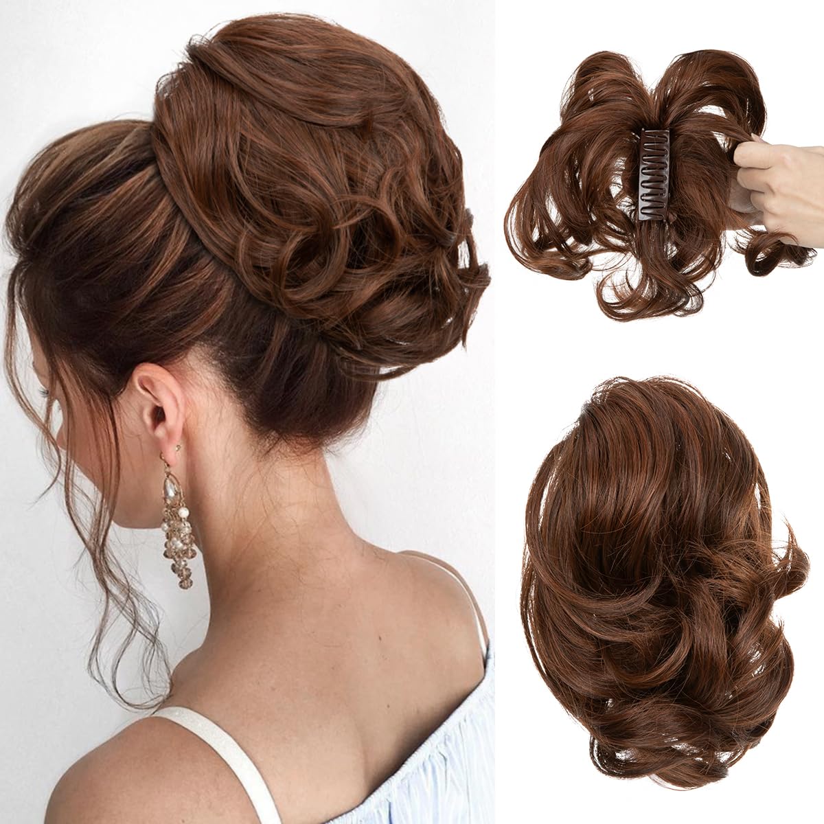 CJL Hair Claw Clip Short Ponytail Extensions - Bendable Metal Messy Bun Piece | Wavy Curly Synthetic Hair, Ash Grey