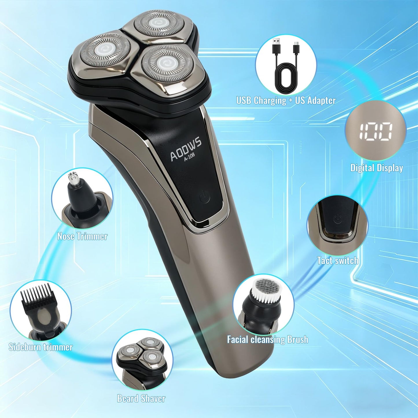 4-in-1 Electric Razor for Men, 9999 RPM High-Speed Electric Shaver, 5D Floating Head Shavers for Men, 90Min Long-Lasting, IPX7 Waterproof, LED Display, Beard Trimmer for Sensitive Skin Care