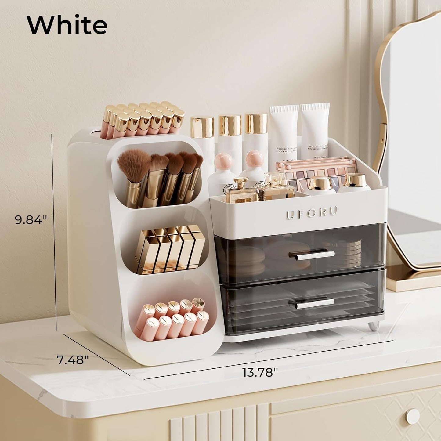 Makeup Organizer for Vanity - Large Capacity Skincare & Cosmetic Display Case with 2 Drawers | Brush Holder & Perfume Storage
