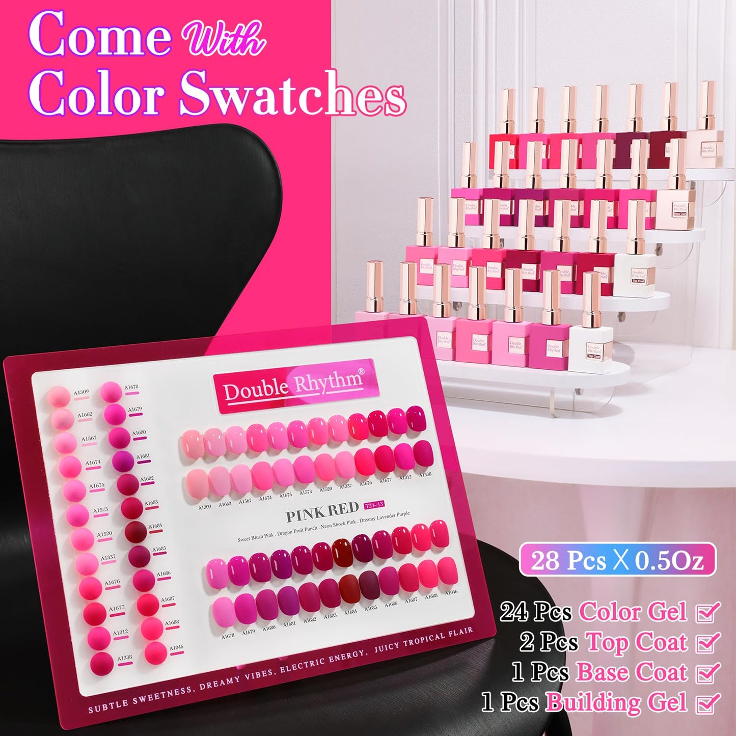 Double Rhythm 28Pcs 0.5Oz Gel Nail Polish Set Same Color Same Bottle Gel Polish Kit Nail Art Manicure Salon DIY at Home for Women (Bright Pitaya Pink Purple Red Collection-T24-13)