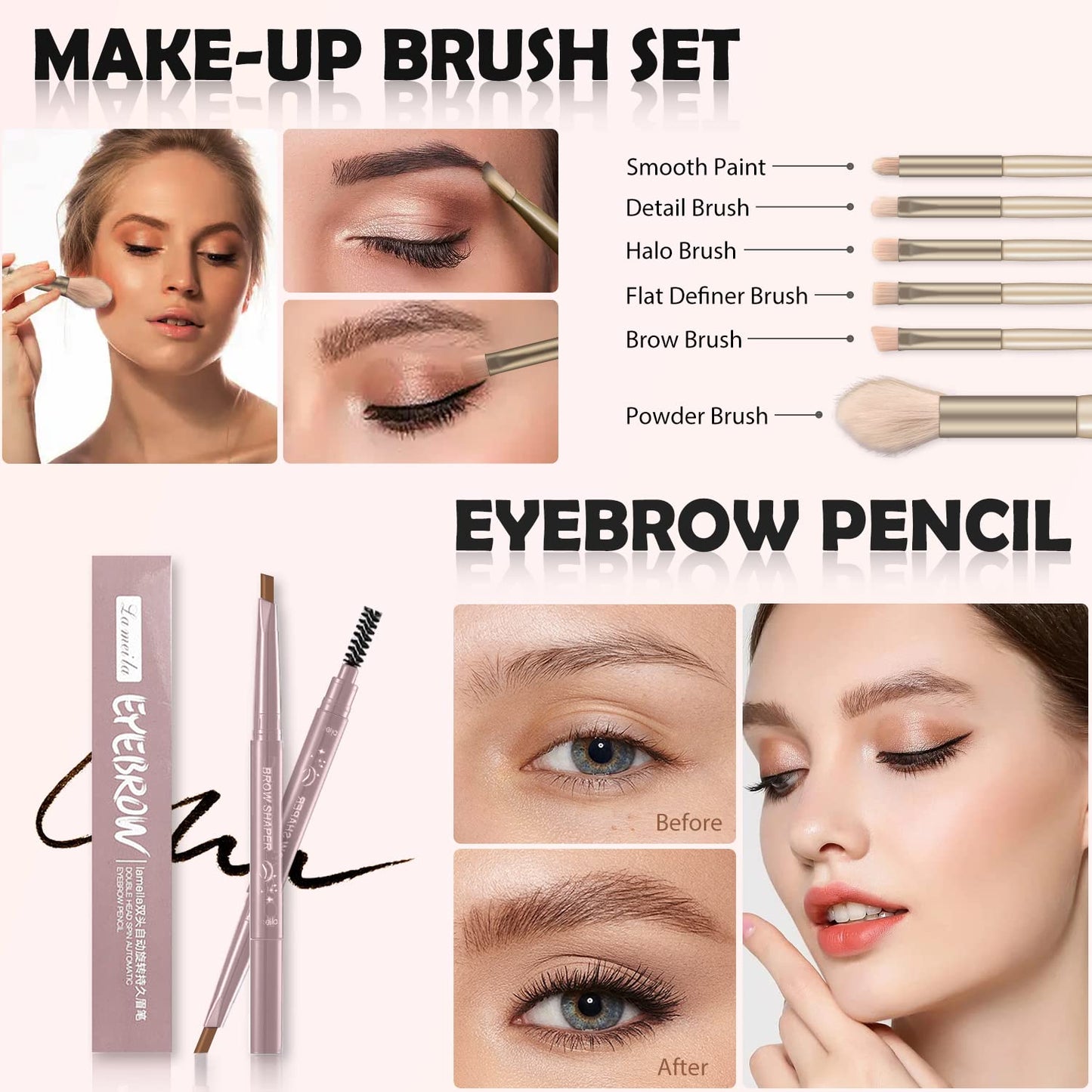 Qiong All in One Makeup Kit - Set for Women, Girls & Teens, Include 10 Colors Eyeshadow Palette, Lip Gloss, Eyebrow Eyeliner Pencil, Waterproof Mascara, 6 Pcs Brushes (Pink Kits)