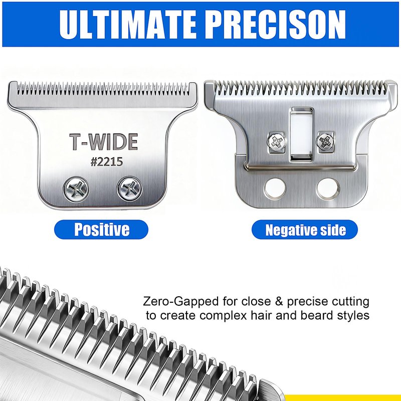 2PCS 2215 Replacement T Wide Blades Compatible with Wahl 5 Star Detailer Li Trimmer(8081) and (8171) - Adjustable Stainless-steel Zero-Gap Trimmer Blade ((3pcs-silver)