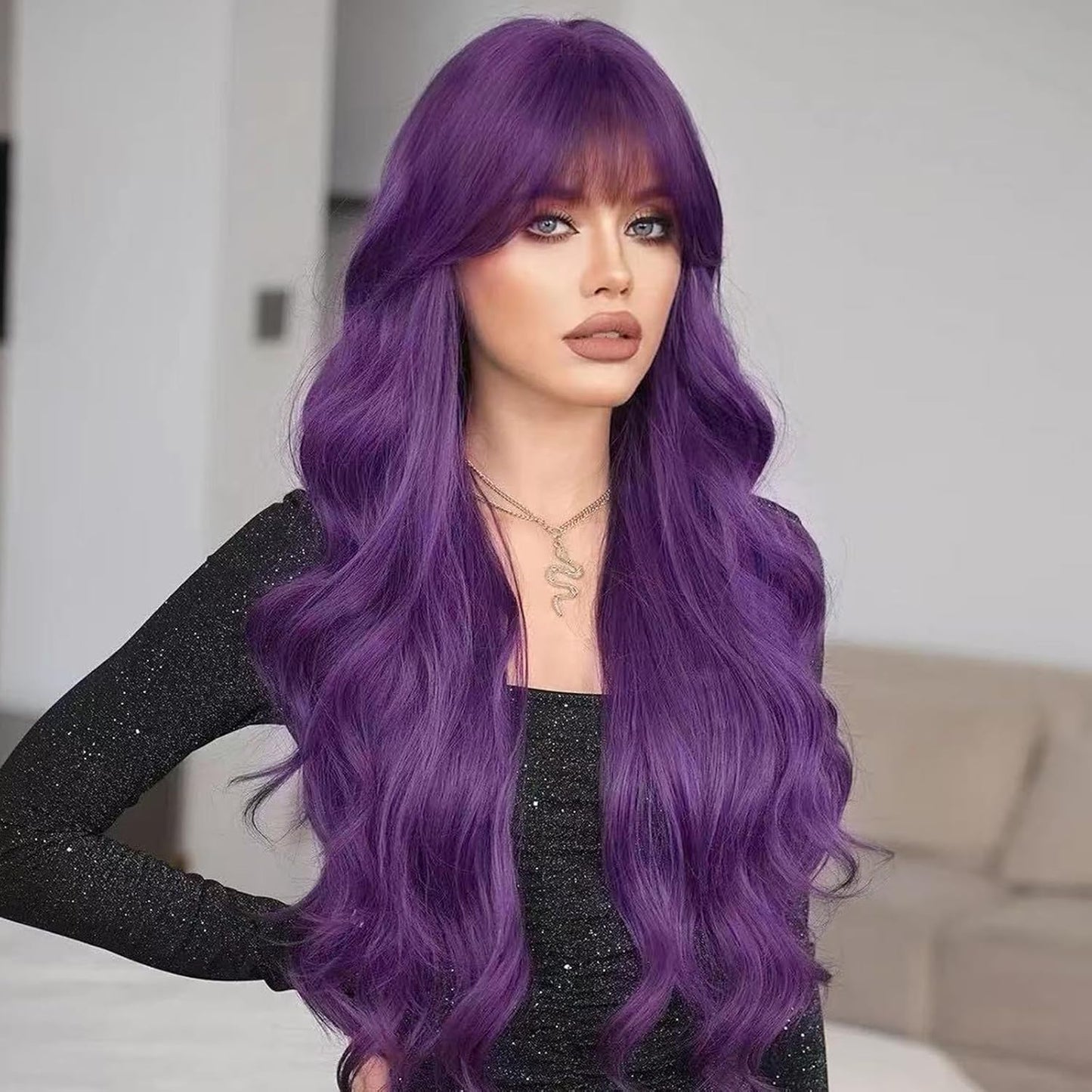 NOSTALGIA Black Wig - Long Curly Wavy Synthetic Wig with Bangs for Women | Perfect for Daily or Party Wear