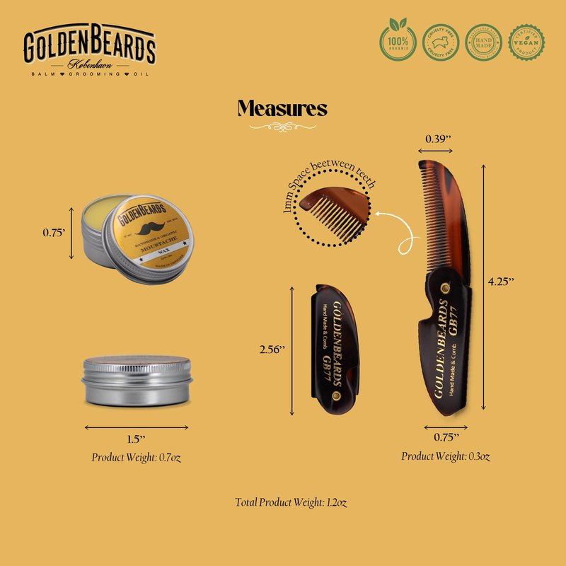 Golden Beards Mustache Wax with GB-77 Folding Comb – Organic & Natural Styling Wax for Men – Strong Hold, Vegan, Cruelty-Free Grooming Kit
