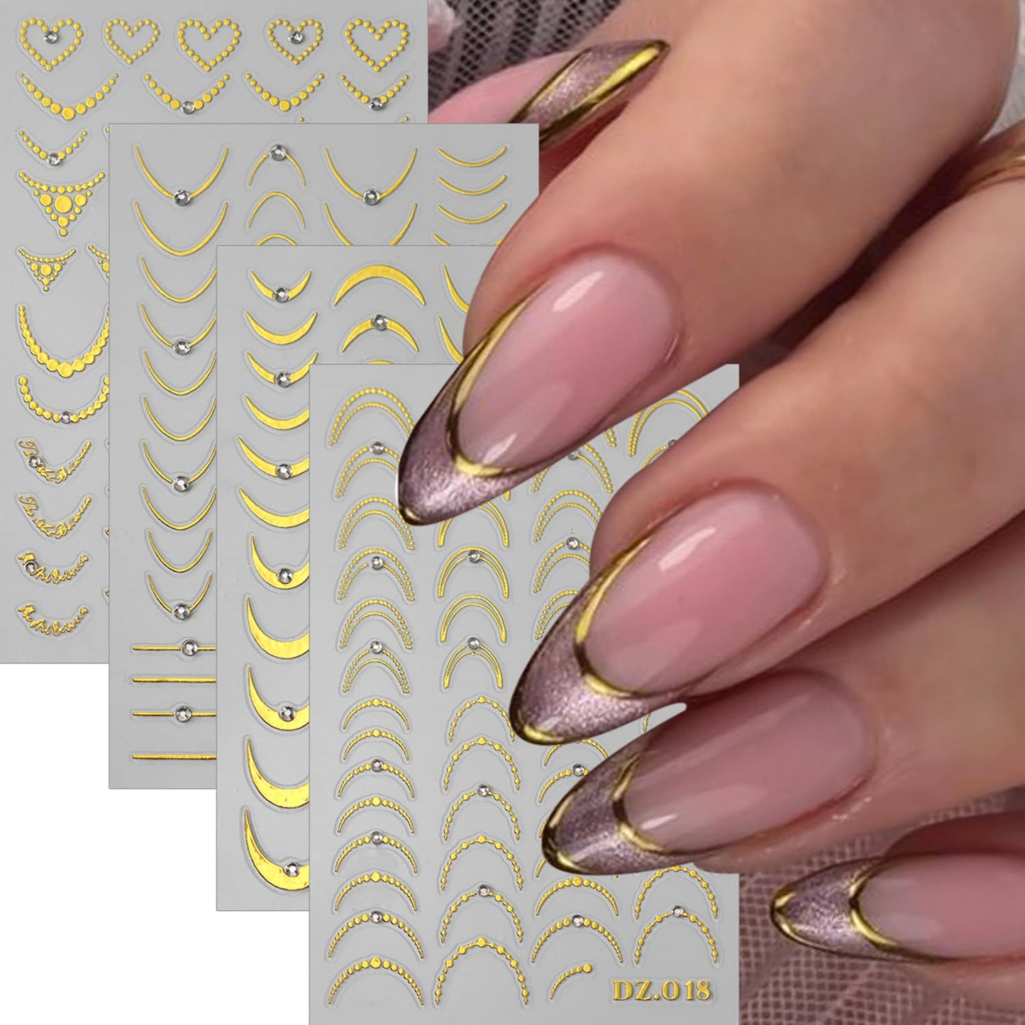 8PCS Line Nail Art Sticker Gold Silver Foil Nail Stickers Nail Art Supplies 3D Metallic Curve Stripe Wave Lines Nail Decals French Nail Design with Rhinestone Accessories Striping Tape Wavy Nail Decor