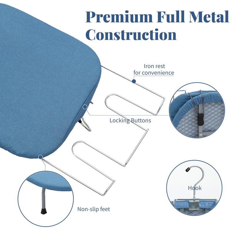 Metal Foldable Iron Board with Iron Holder, RAINHOL Small Ironing Board Tabletop with Heat Resistant Cover, 31x12 Mini Compact Ironing Table for Dorms, Aprtment, Blue