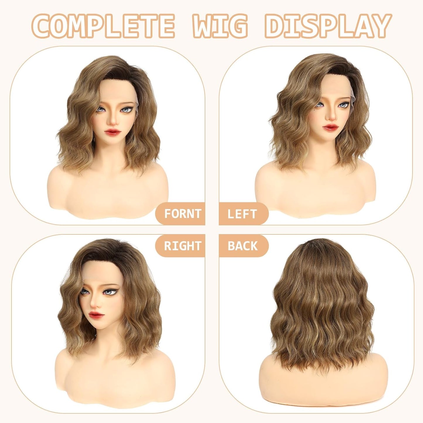 Wavy Bob Wig for Women - Short Brown Highlight Synthetic Hair | 14 Inch Lace Front for Daily Wear & Cosplay