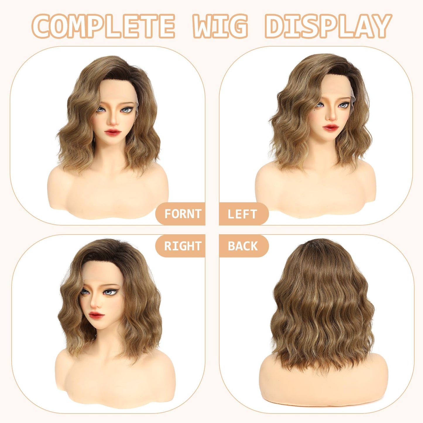 AliRobam Short Brown Highlight Wavy Bob Wig for Women Free Part 9x1 Lace Front Shoulder Length Curly Synthetic Wig Natural Hairline 14 Inch for Daily Party Cosplay