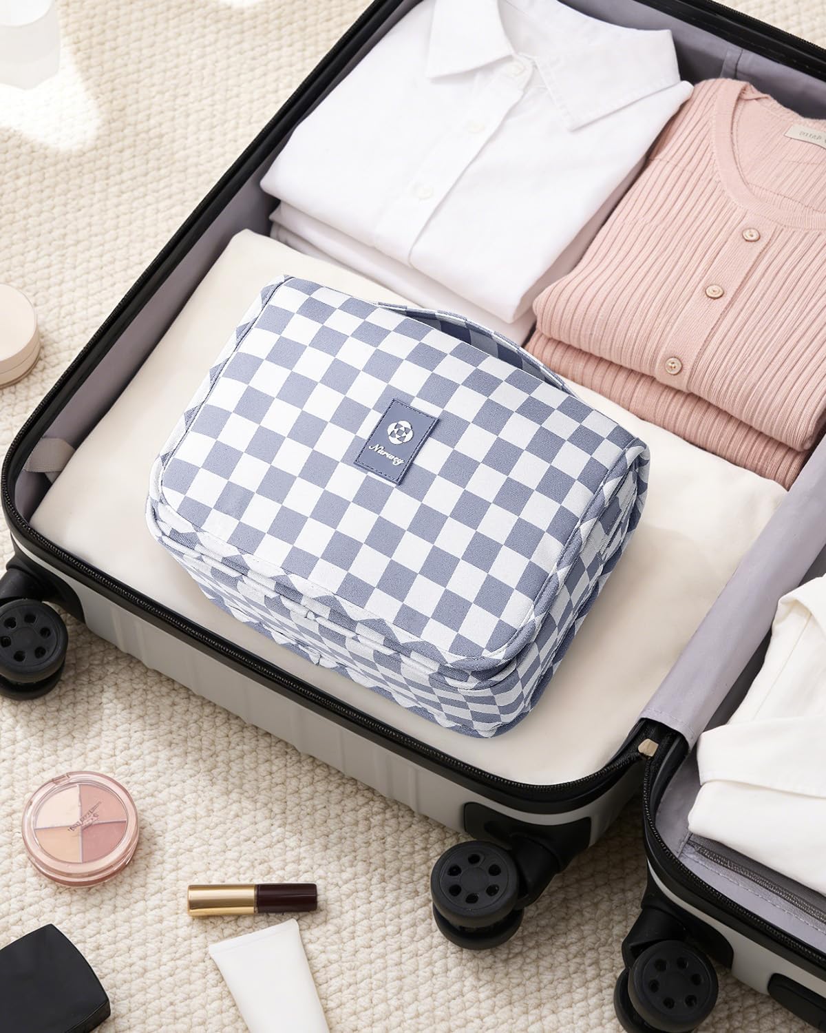 Narwey Small Hanging Travel Toiletry Bag - Checkered Makeup Organizer for Women | Grayish Blue Checkerboard