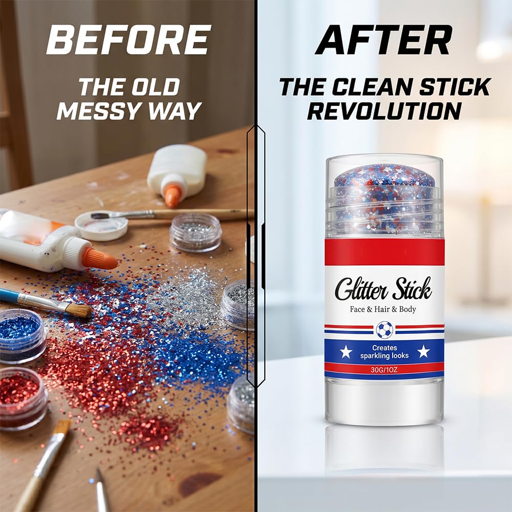 4th of July Glitter Stick, 2026 New Red, White & Blue Body & Hair Sparkle for Independence Day, Face Body Glitter, Sparkle Patriotic Glitter for Soccer Game Celebration (1)