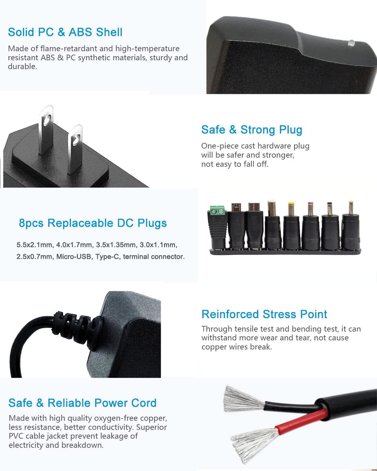 9V DC Power Supply 1A AC Adapter, 100-240V 50/60Hz 9 Volts 1Amp 600mA Transformer, DC 9V Power Cord Adapter,5.5mm*2.5mm[Output Tip: Center Positive (+)] and 8 Tips