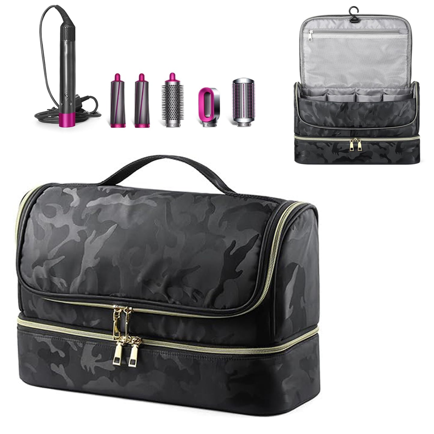 Double-Layer Travel Case for Dyson Airwrap, Shark Flexstyle Travel Carrying Case, Waterproof Portable Storage Bag for Dyson & Shark Hair Dryer/Styler/Airwrap/Attachments, Gift for Women (Camo Black)