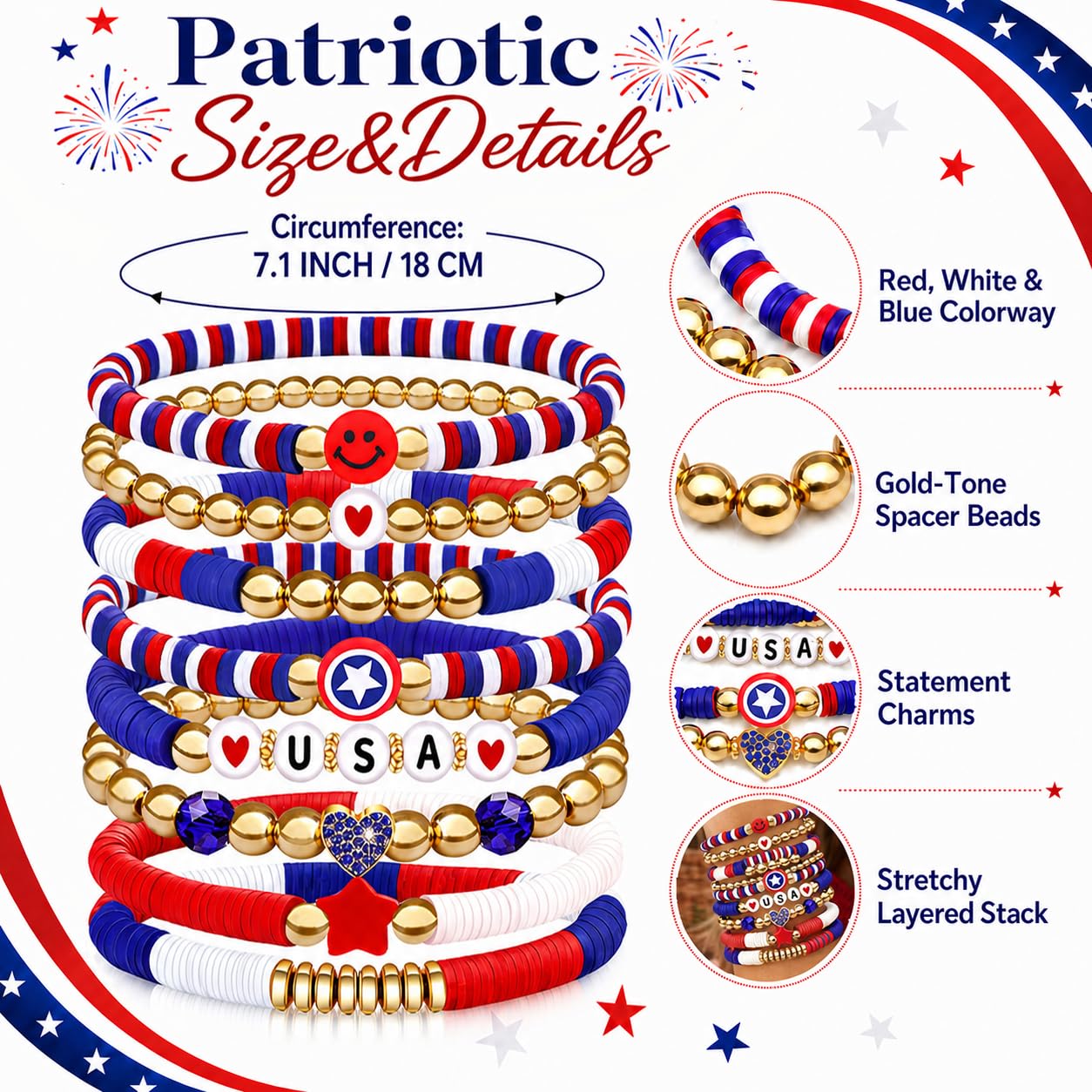 lakayfimily 250 Anniversary USA Merchandise 4th of July Outfits for Women Men Teens Red White Blue Clay Beaded Stretch Bracelets USA Patriotic Jewelry 4th of July Accessories