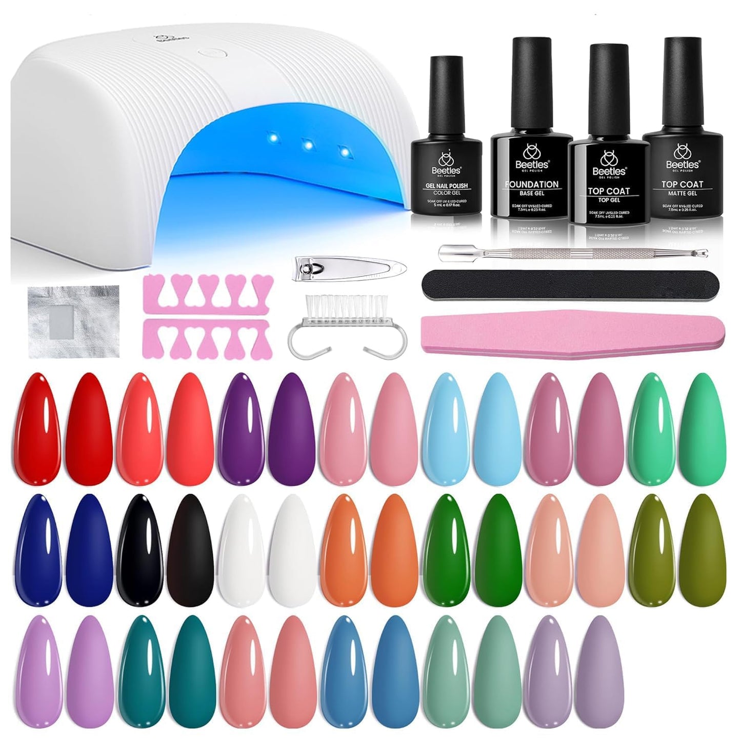 Beetles Gel Nail Polish Set - 23-Piece Summer Colors Collection | UV Gel Polish in Pink, Green, Blue with Base & Top Coat