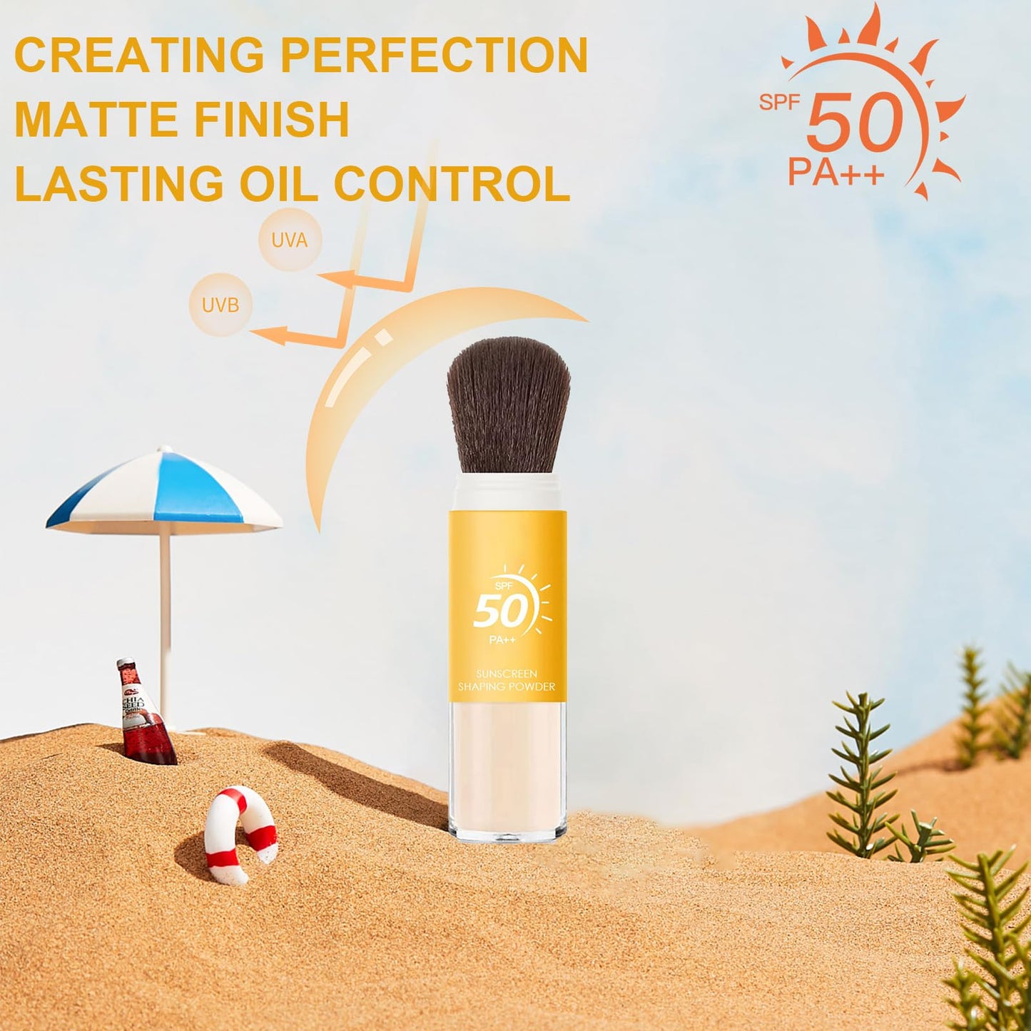 Mineral Sunscreen Setting Powder SPF 50, Sunscreen Powder for Face & Scalp, TranslucentSunscreenPowder with Brush, Oil Control Natural Matte Finish LoosePowder, Lasting Lightweight Breathable