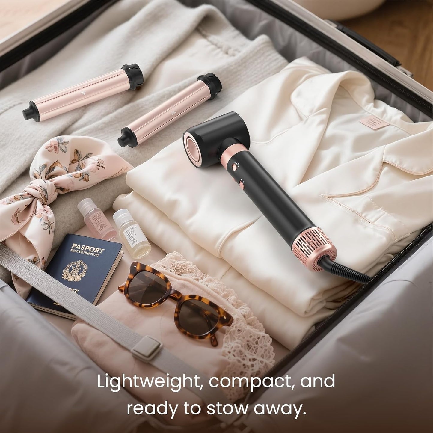 Dual Voltage Hair Styler - 3-in-1 High-Speed Hair Dryer & Auto-Wrap Curling Barrels | Travel-Friendly 110-240V with Bag