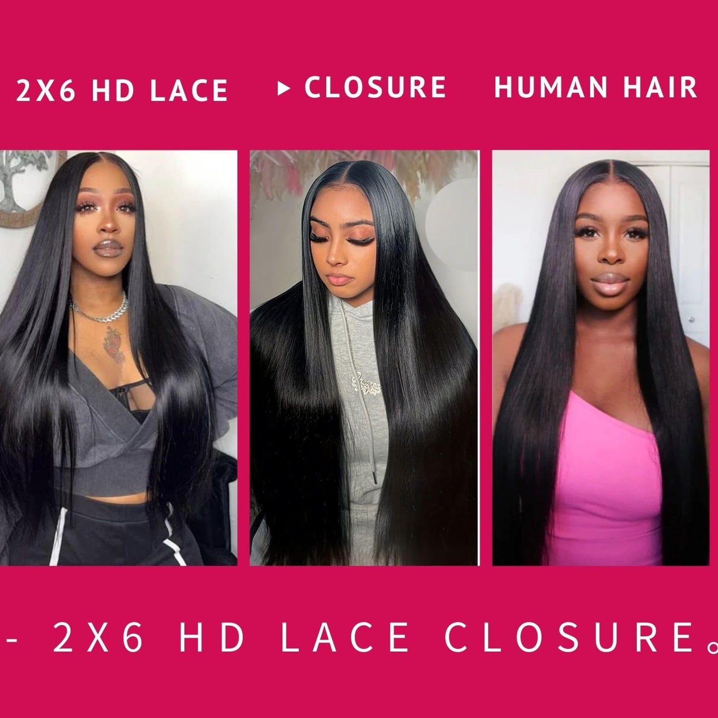 2x6 Hd Lace Closure, Middle part Straight Human Hair Closure Invisible Transparent HD Lace, 14 Inch 2 by 6 Lace Frontal Closure Only Bleached Knot Pre-Plucked Natural Hairline Natural black 14inch