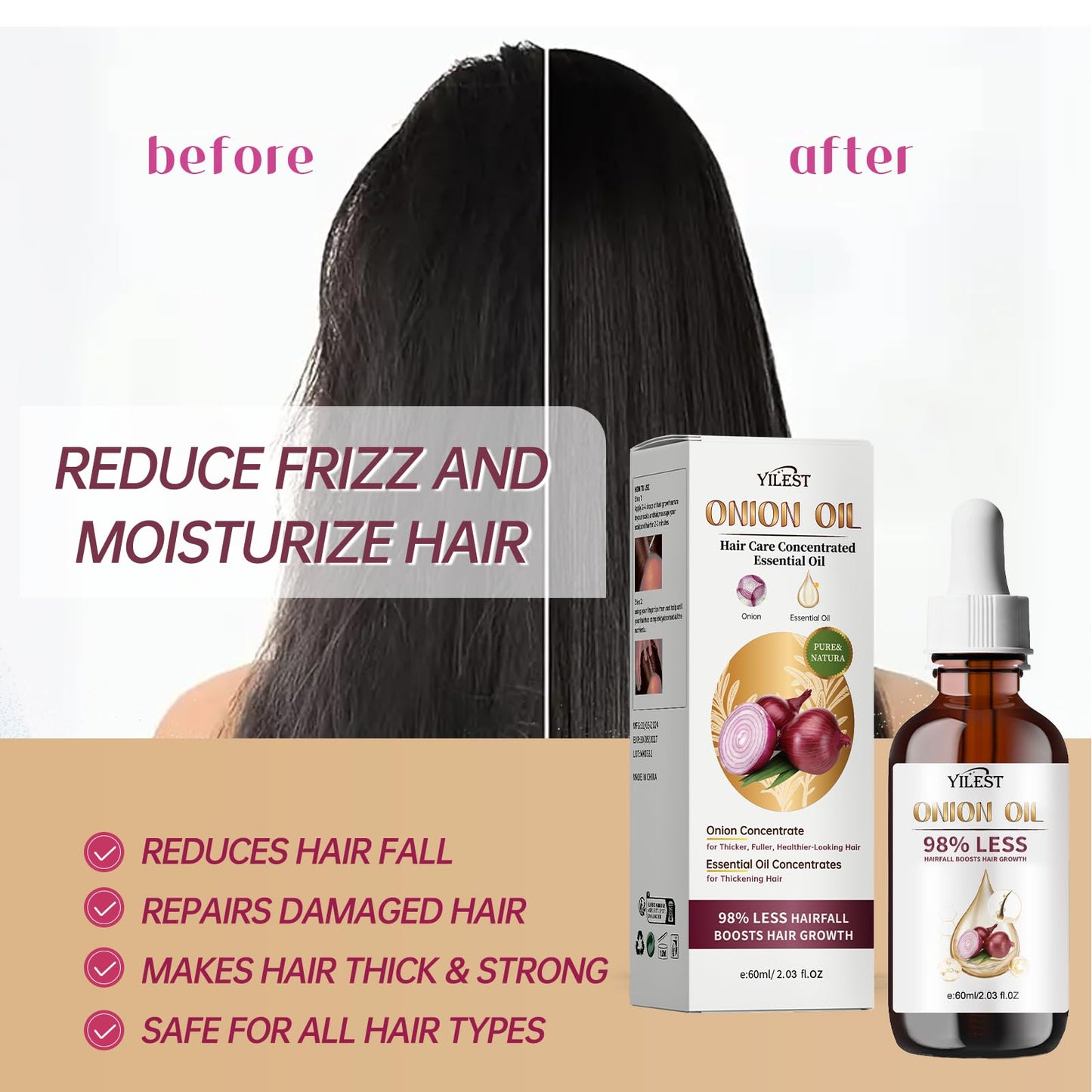 Onion & Rosemary Hair Growth Serum with Biotin & Arginine - Hydrating Scalp Treatment for Thicker Hair, 60ml