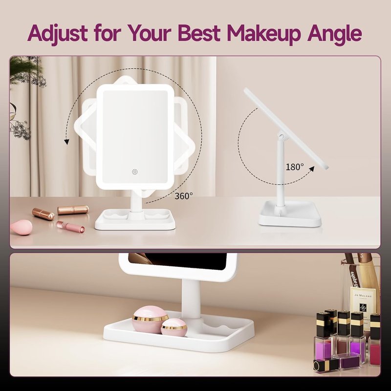 Rechargeable Lighted Makeup Mirror - 10X Magnification, 3 Color Lighting | Portable Tabletop Design, 360° Rotation, White