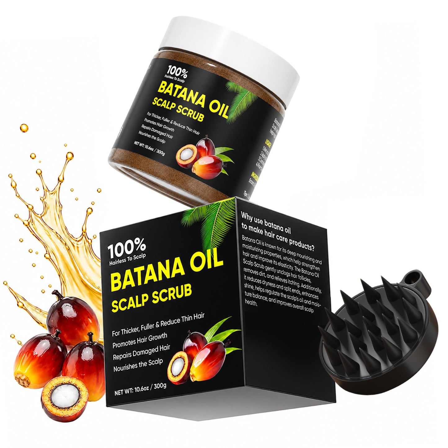 Batana Oil Scalp Scrub for Hair Growth, Organic Batana for Nourishes Hair with Rosemary, Scalp Oil Promotes Hair Thickness, Prevents Loss for Men & Women, Hairs Scrub with Scrubber, 10.6 oz