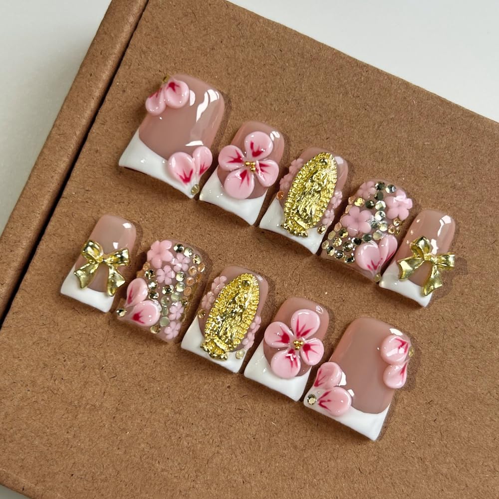 Press On Almond Nails - Handmade 3D Design, Thick Acrylic Gel | Reusable DIY Artificial Nails for Women (10 Pieces)