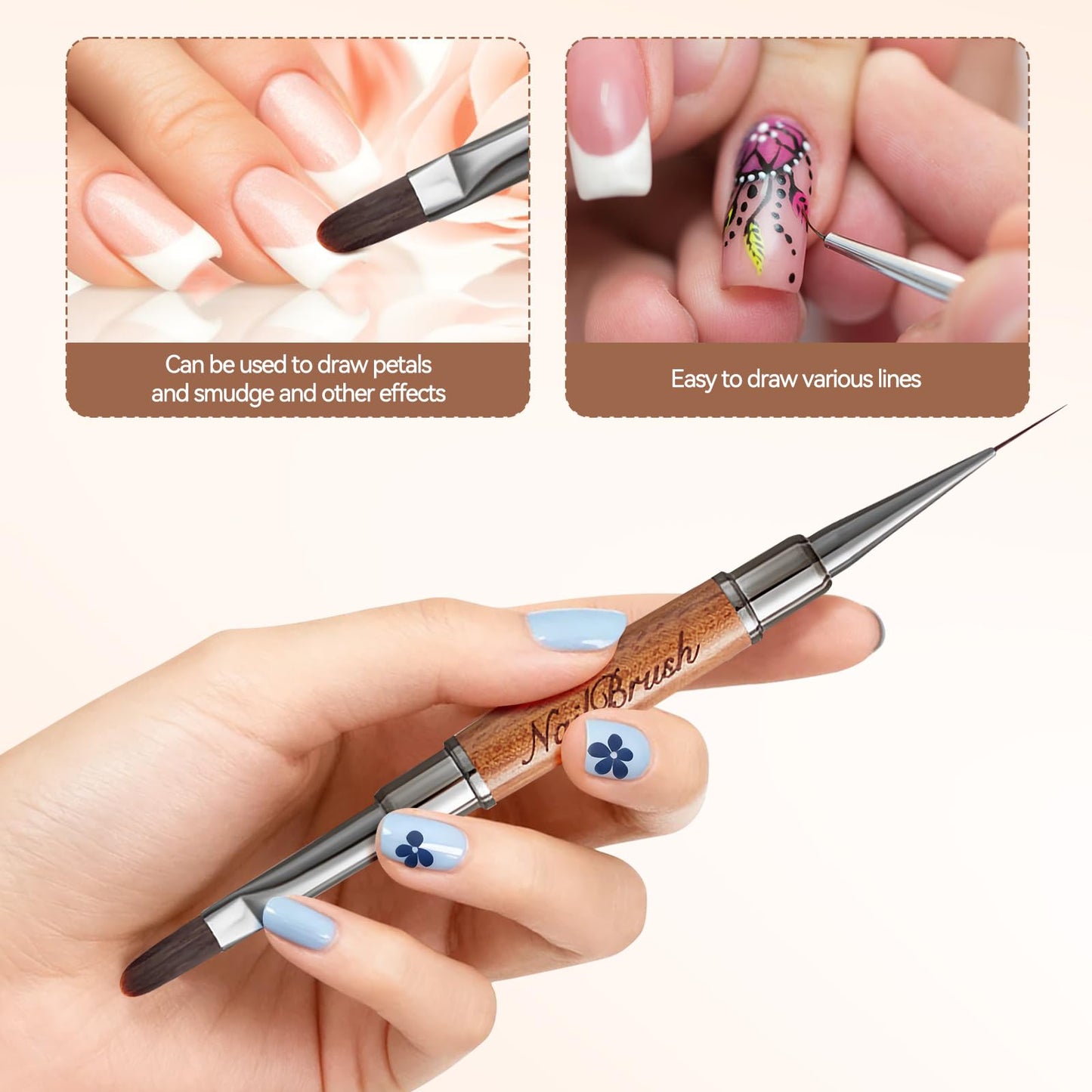 Acrylic Nail Brush Set,Double-ended Nail Brush French Tip Brush,Nail Art Painting Brush for Long Lines,Thin Details, Fine Drawing,Builder Gel,Polygel