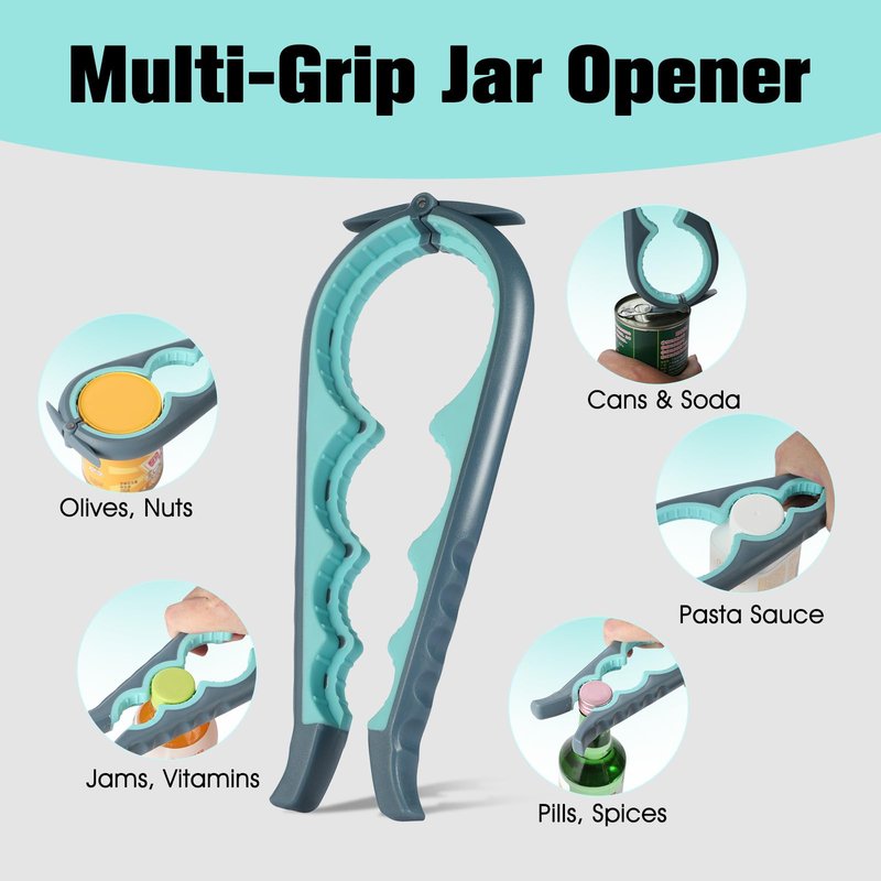 Jar Opener Bottle Opener, 5-in-1 Multi-Function Can Opener with Ergonomic Non-Slip Handle, Kitchen Tool Set for Weak Hands, Seniors with Arthritis, Blue