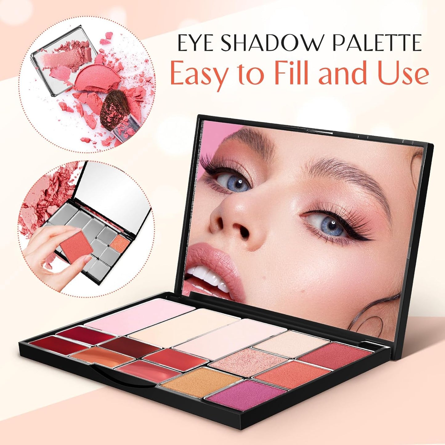 Magnetic Makeup Palette - Empty Eyeshadow Palette with Mirror | 15 Pans for Eyeshadow, Lipstick & Blush