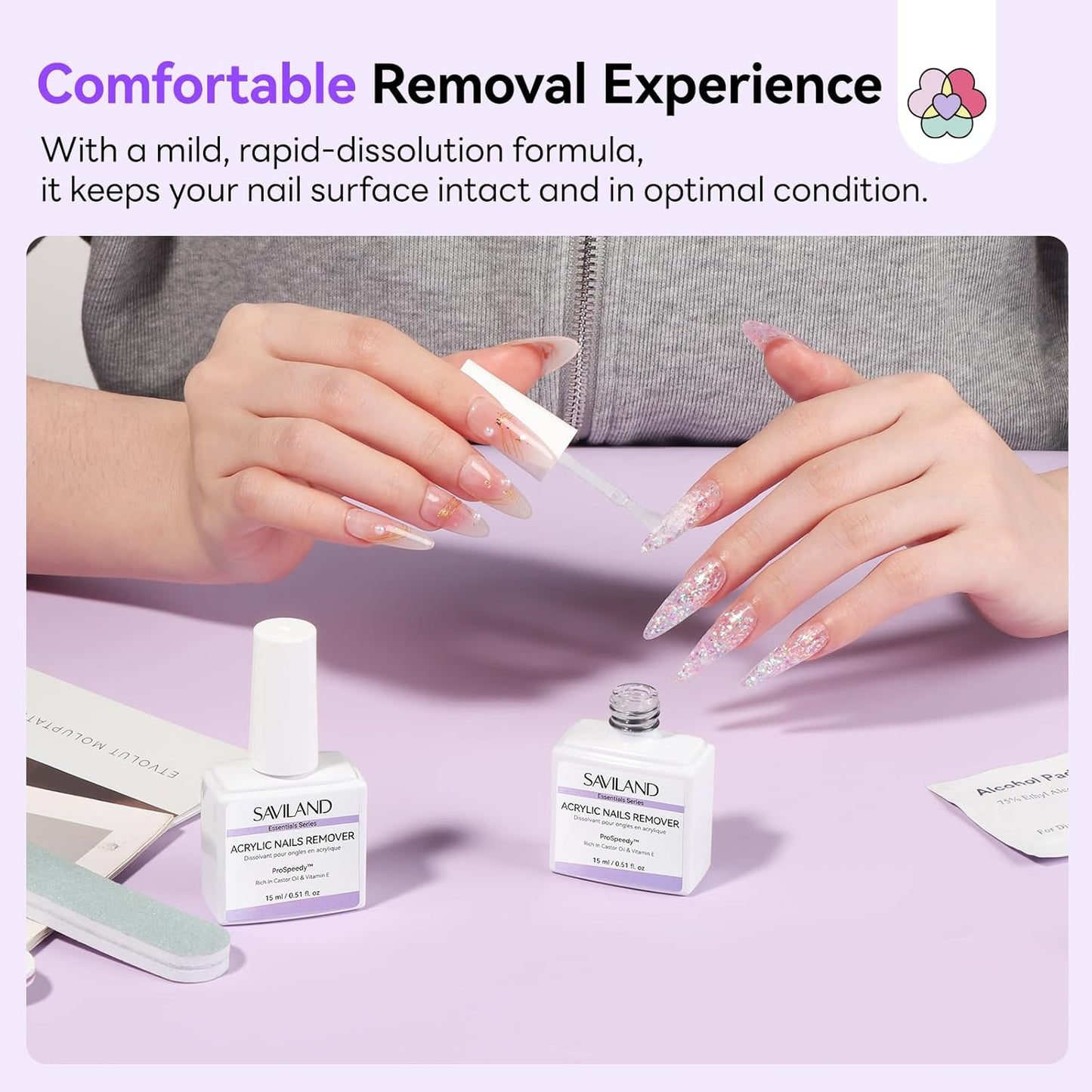 Acrylic Nail Remover Kit - 30 ml Fast-Dissolving Solution with Cuticle Oil & Nail Care Tools | Gentle No Soaking, Home Salon Essentials