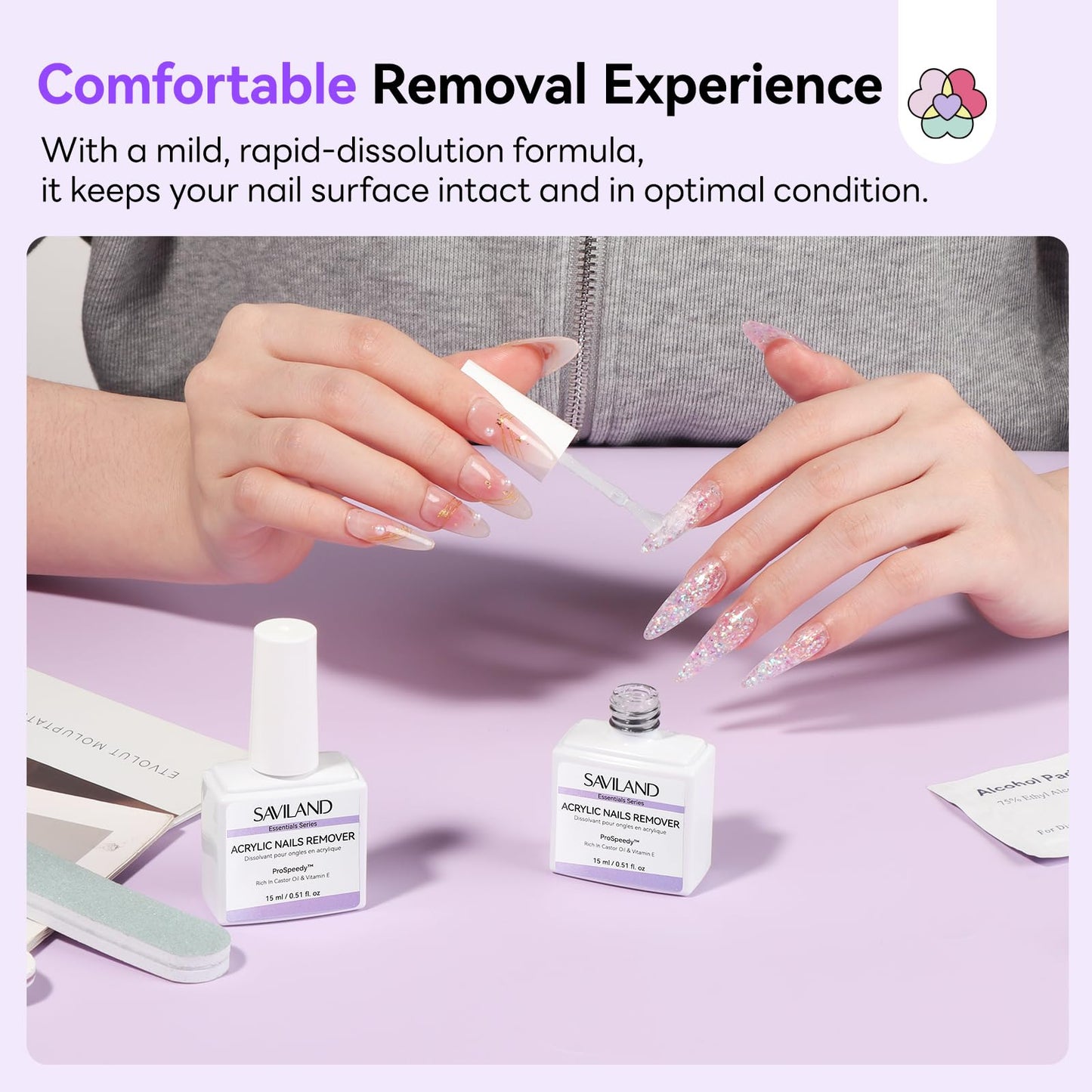 SAVILAND Acrylic Nail Remover Kit: 30 ml Acrylic Remover for Nails Rapid Dissolution Acylic Nail Powder Cuticle Oil & Nail Care Tools Gentle Acrylic Remover No Soaking No Wrapping Home Salon Kit