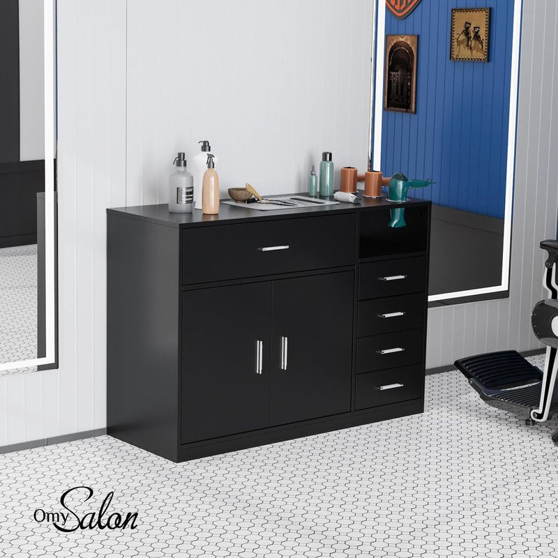 OmySalon Salon Station Free Standing Cabinet, Barber Hair Styling Stations, Beauty Spa Equipment with 5 Drawers, 1 Storage Cabinet, 3 Hair Dryer Holders, Black
