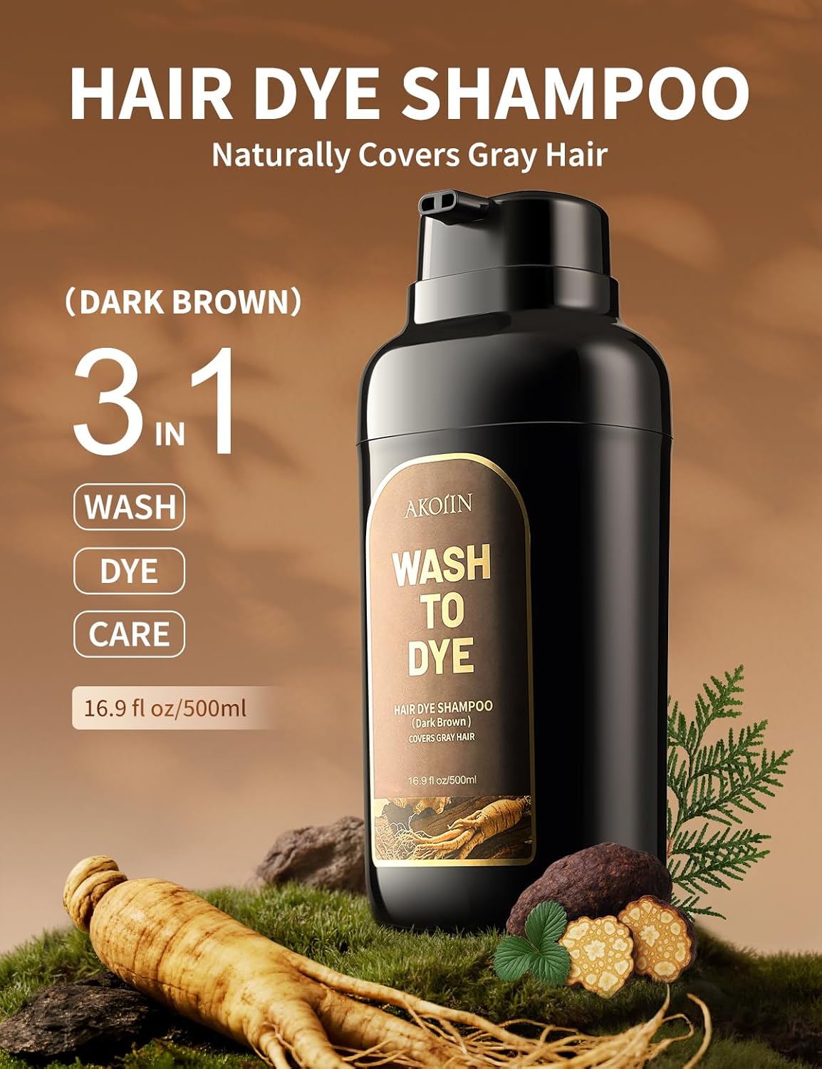 Hair Dye Shampoo for Gray Hair - 30-Minute Ammonia-Free Color for Men & Women | Dark Brown 500ml