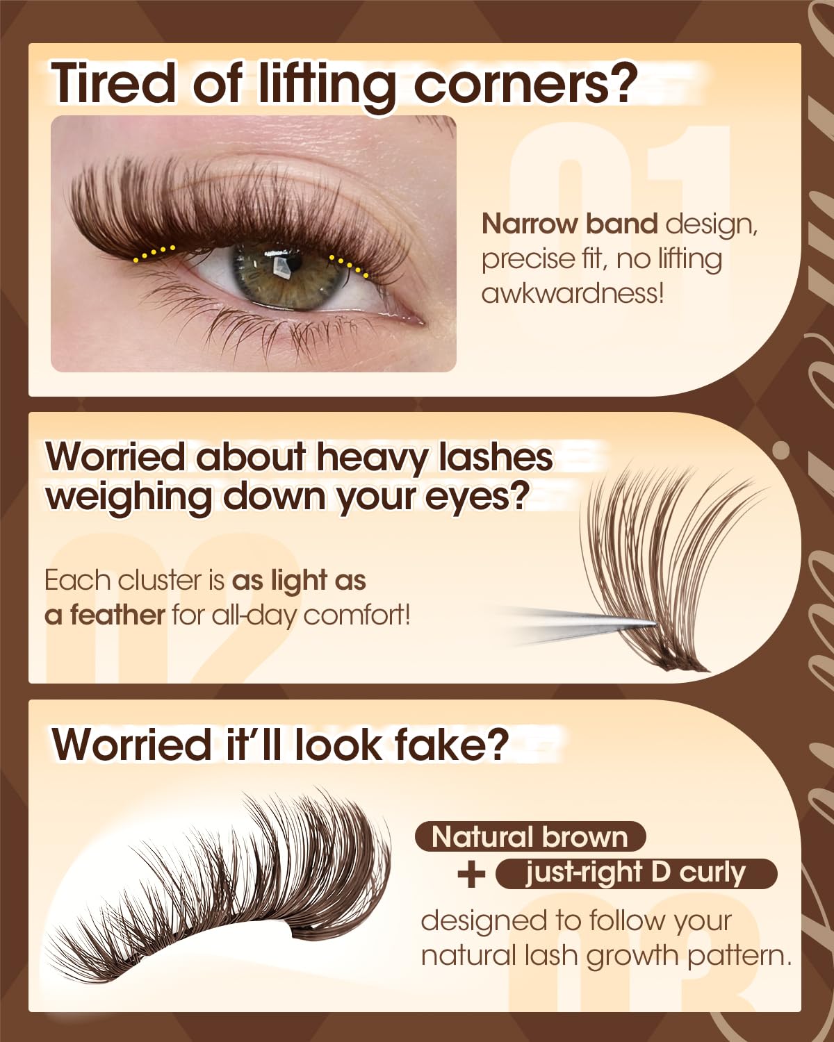 Fluffy Brown Lash Clusters - Wispy Individual Eyelash Extensions 10-16MM | 50D Volume Curl