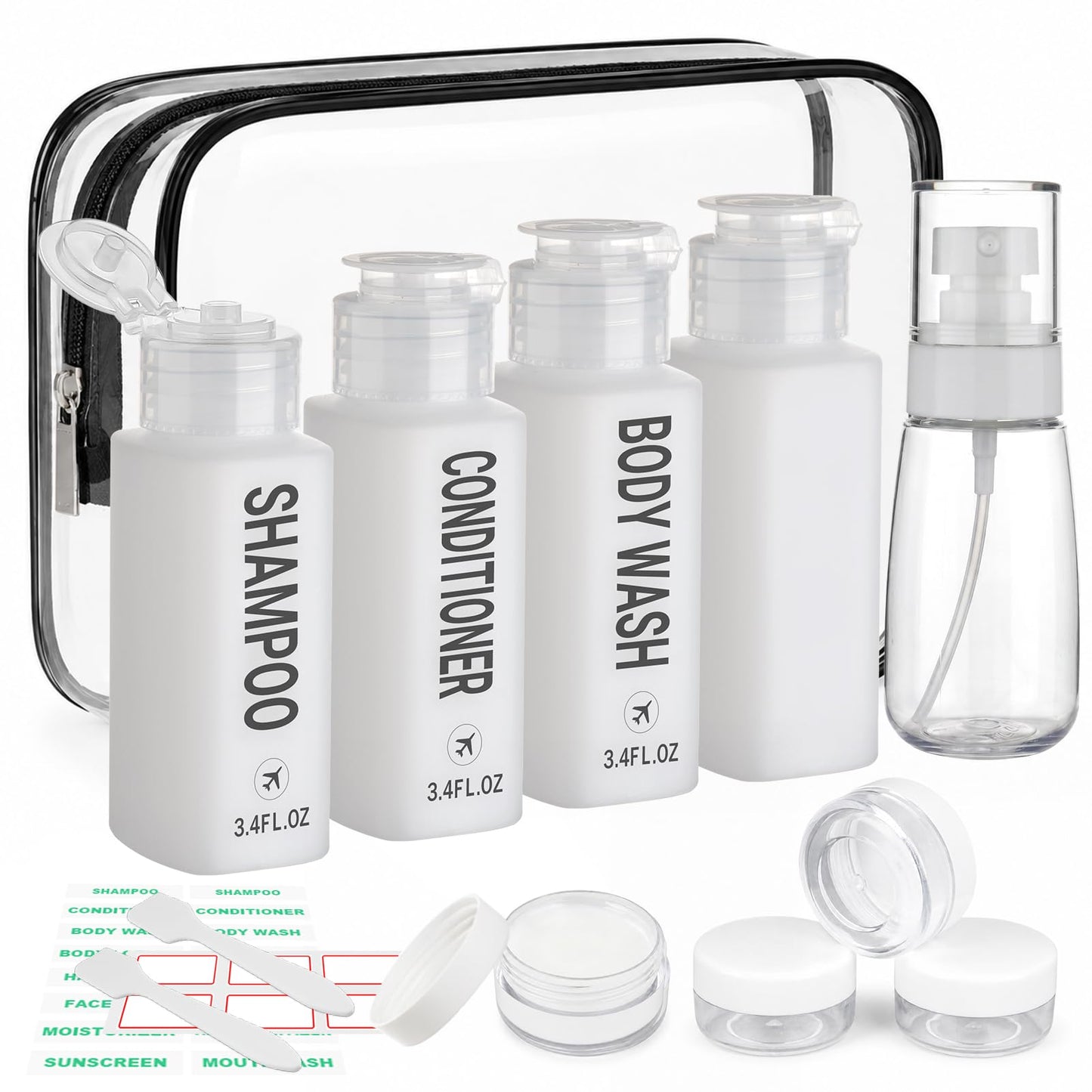 Decorniqu Travel Bottles for Toiletries 14PCS 3.4oz Pre-Printed Shampoo, Conditioner, Body Wash, Wide Mouth Containers TSA Approved 2oz Travel Spray Bottle Leak Proof 0.35oz Plastic Cream Jars(White)