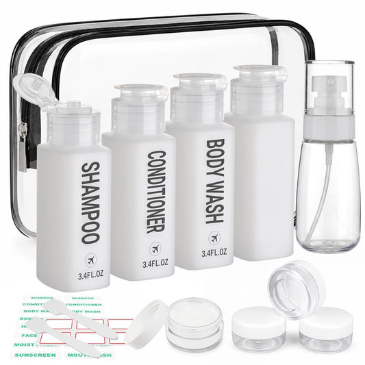 Decorniqu Travel Bottles for Toiletries 14PCS 3.4oz Pre-Printed Shampoo, Conditioner, Body Wash, Wide Mouth Containers TSA Approved 2oz Travel Spray Bottle Leak Proof 0.35oz Plastic Cream Jars(White)