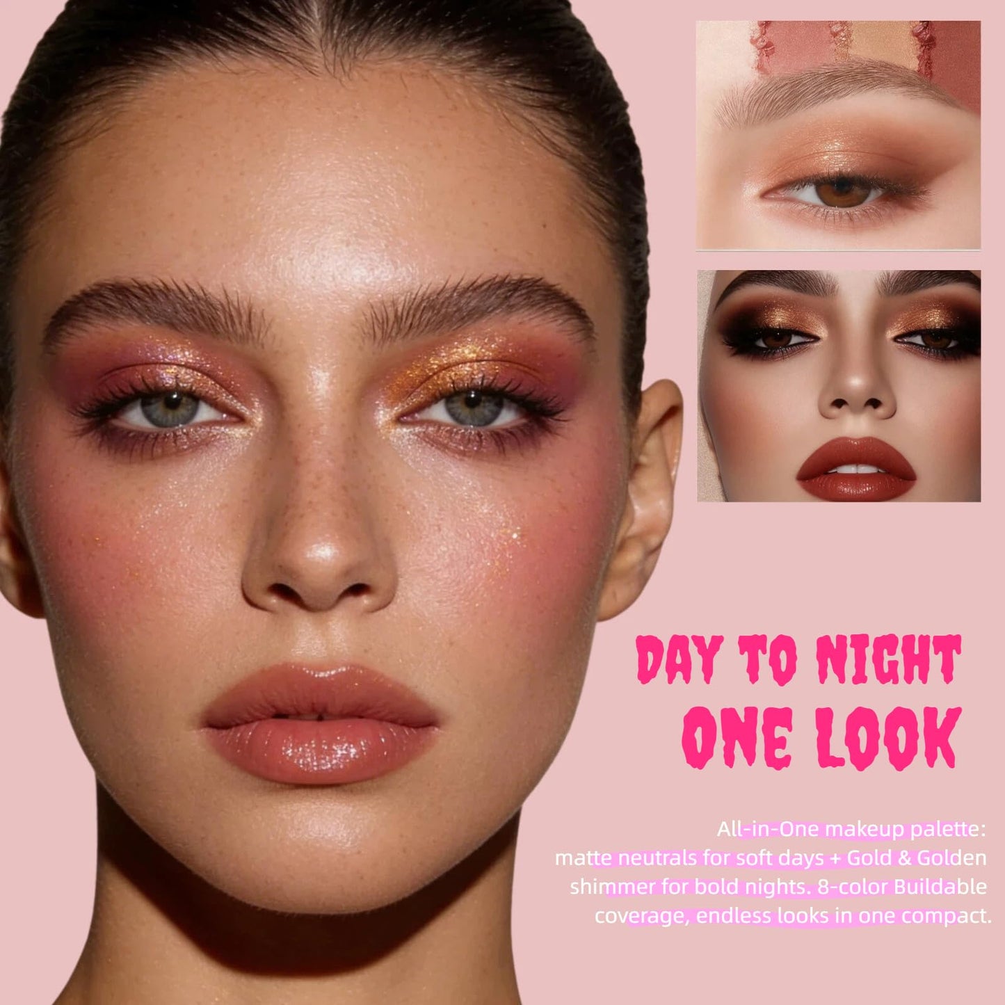 All-in-One Baked Makeup Palette,High-Pigment Eyeshadow, Blush, Bronzer & Highlighter. Buildable, Long-Lasting Formula with Rose Gold & Golden Shimmer. Travel-Friendly full face makeup palette.