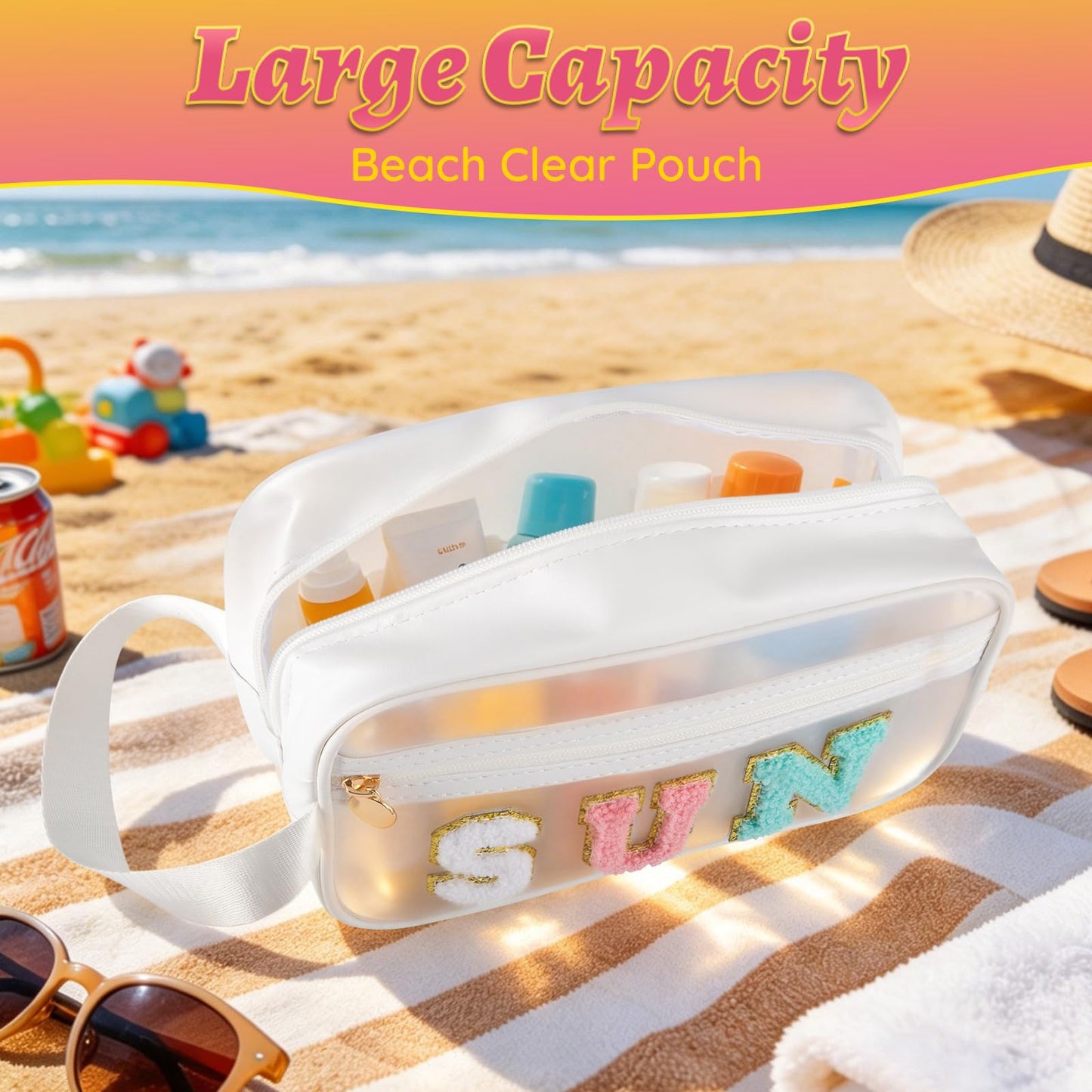 Kcjdd Clear Sunscreen Bags For Beach Pool With Handle, Waterproof Personalized Sun Bag Travel Toiletry Makeup Bag,Travel Beach Pool Summer Essentials SPF Bag For Women Girls(
