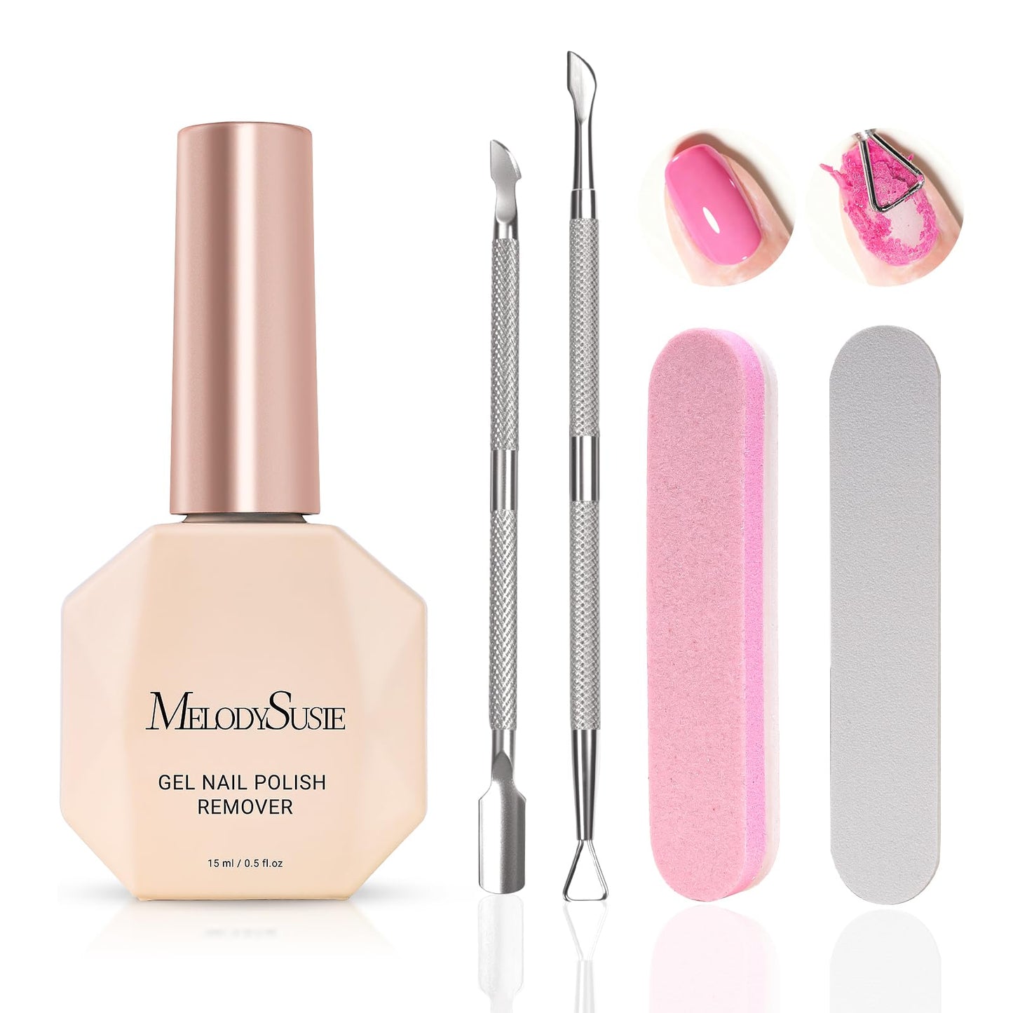 MelodySusie Gel Nail Polish Remover with Manicure Remover Kit, No Need Soaking or Wrapping, Easy and Quickly Removal in 5 Minutes for At-Home Manicure 15ml